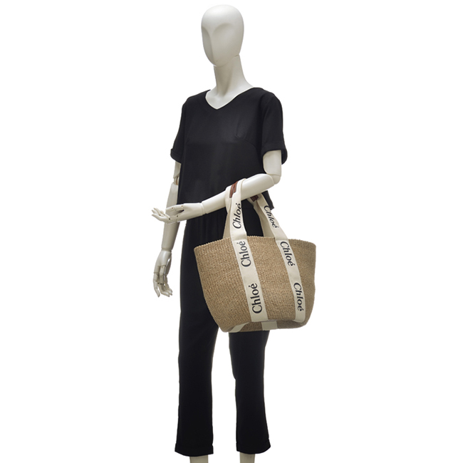スーパーコピークロエ CHLOE トートバッグ WOODY LOGO ラージ バスケット リボン付き かごバッグ ホワイト CHC21US380 E65 101 - 商品画像 3