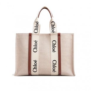 クロエスーパーコピー CHLOE トートバッグ WOODY LOGO ラージ リボン付き コットンキャンバスバッグ ホワイト×ブラウン CHC21US382 E66 90U