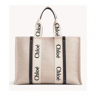 スーパーコピークロエ CHLOE トートバッグ WOODY LOGO ラージ リボン付き コットンキャンバスバッグ ホワイト×ネイビー CHC21US382 E66 91J