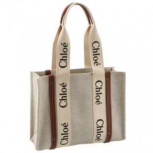 クロエスーパーコピー CHLOE トートバッグ WOODY LOGO ミディアム リボン付き コットンキャンバスバッグ ホワイト×ブラウン CHC21US383 E66 90U