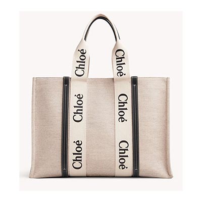 スーパーコピークロエ CHLOE トートバッグ WOODY LOGO ラージ リボン付き コットンキャンバスバッグ ホワイト×ネイビー CHC21US382 E66 91J - 商品画像 5