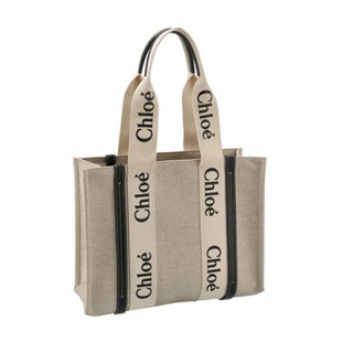 クロエコピー CHLOE トートバッグ WOODY LOGO ミディアム リボン付き コットンキャンバスバッグ ホワイト×ネイビー CHC21US383 E66 91J
