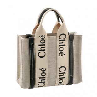クロエスーパーコピー CHLOE WOODY LOGO スモール リボン付き コットンキャンバスバッグ ホワイト×ネイビー CHC21US385 E66 91J