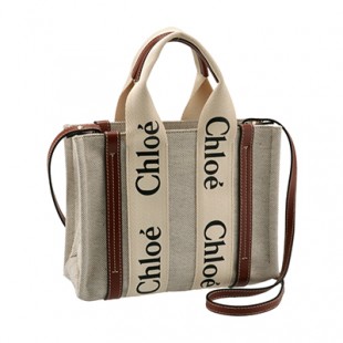 スーパーコピークロエ CHLOE ショルダーバッグ WOODY LOGO スモール リボン付き コットンキャンバスバッグ ホワイト×ブラウン CHC21WS397 E66 90U