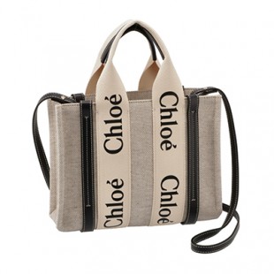 クロエコピー CHLOE ショルダーバッグ WOODY LOGO スモール リボン付き コットンキャンバスバッグ ホワイト×ネイビー CHC21WS397 E66 91J