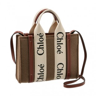 スーパーコピークロエ CHLOE ショルダーバッグ WOODY LOGO スモール リボン付き リサイクルフェルト ブラウン系 CHC21WS397 F37 26E