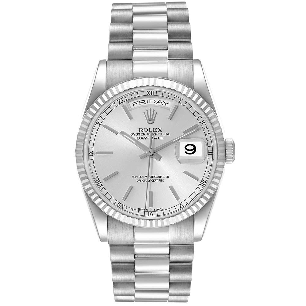 ロレックススーパーコピー デイデイト 36mm プレジデント ホワイト ゴールド シルバー ダイヤル 118239 - 商品画像 1