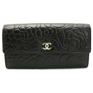 シャネル 長財布 CHANEL シャネル 財布 二つ折り カメリア 型押し レザー ココマーク ブラック×シルバー A50084