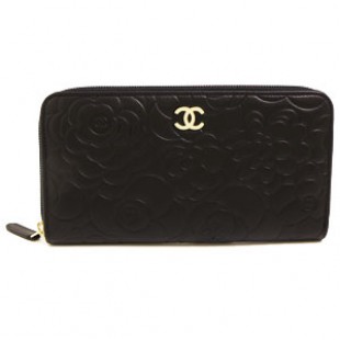 シャネルスーパーコピーCHANEL 長財布 ラウンドファスナーカメリア型押し レザー ココマーク入り ブラック×ゴールド A50085