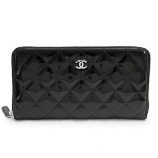 シャネルスーパーコピー 財布 CHANEL ラウンドファスナー パテントレザー ココマーク キルティング マトラッセ ブラック×SV A50097