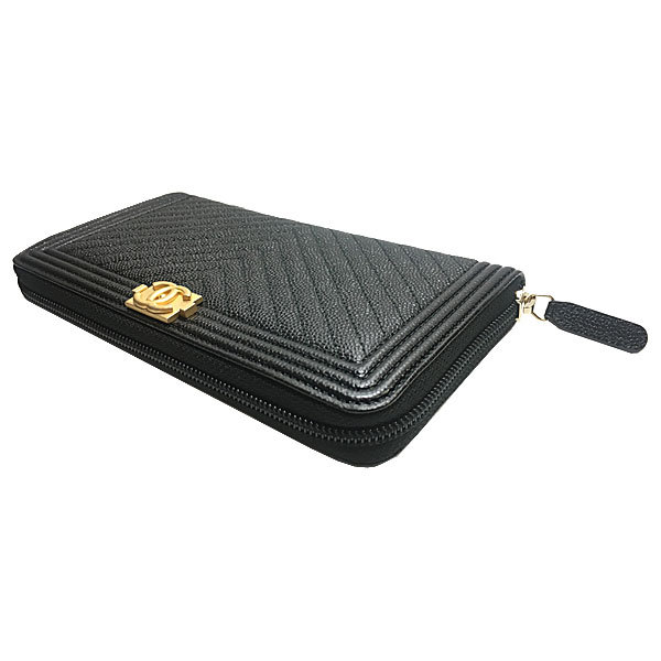 CHANEL シャネル クルーズ ボーイシャネル ラウンドファスナー キャビア シェブロン Vステッチ 長財布 ブラック 黒 ゴールド金具 A80288 Y33123 - 商品画像 3