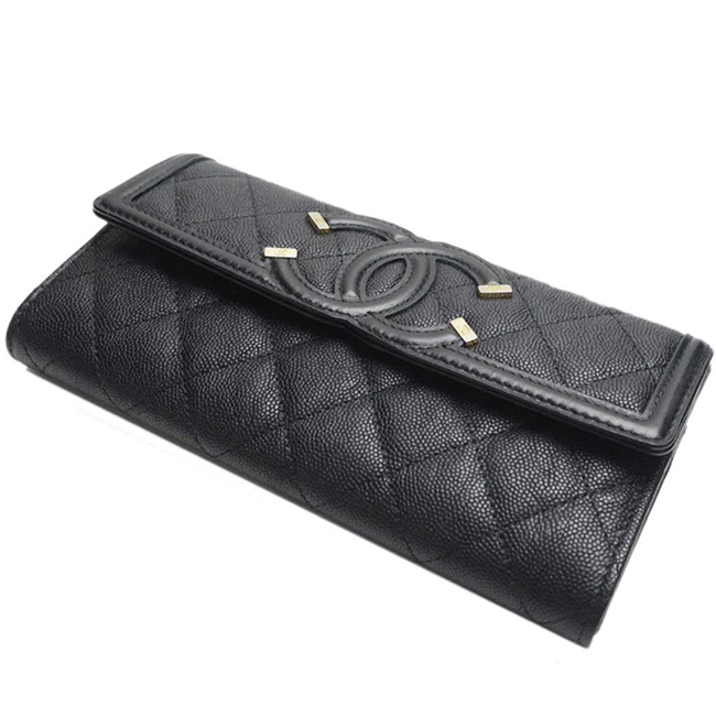 シャネル財布コピー CCフィリグリー キャビアスキン フラップウォレット 黒/GO A84448 CHANEL - 商品画像 1