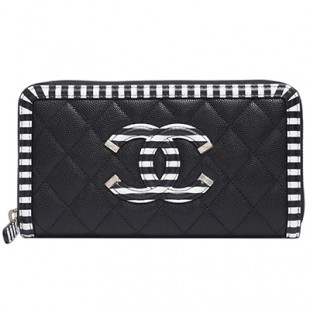 シャネル財布コピー ＣＣフィリグリー ジップウォレット キャビアスキン 黒×黒白ボーダー/SV A84449 CHANEL