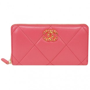 シャネルスーパーコピー財布 AP1063 CHANEL ラウンドファスナー長財布 CHANEL19 チェーン CC ラムスキン ピンク ゴールド金具