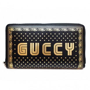 グッチ財布スーパーコピー GUCCI ファスナー長財布 GUCCY ロゴブラック/ゴールド レザー メンズ レディース 510488 0GUSN 1055