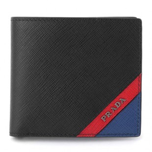 PRADA プラダスーパーコピー 2MO912 2EGO F0UDN SAFFIANO レザー 二つ折り財布 小銭入れなし ロゴメタルプレート バイカラー カラーNERO+FUOCO+BLUE/ブラック×ブルー他 46440メンズ